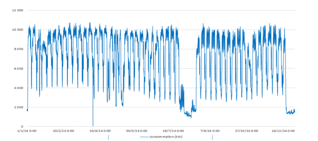 Courbe de charge annuelle 2024 — consommation en kW, pas horaire